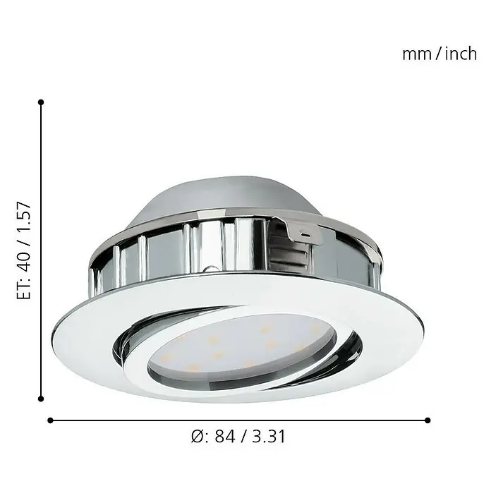 Eglo LED-Einbauleuchte Pineda rund - 6 W, L x B x H: 8,4 x 8,4 x 4 cm, Chrom, Warmweiß, Dimmbarkeit: Dimmbar - Abbildung einer runden LED-Einbauleuchte in Chromoptik mit den Maßen 84/3.31 mm Durchmesser und 40/1.57 mm Höhe.