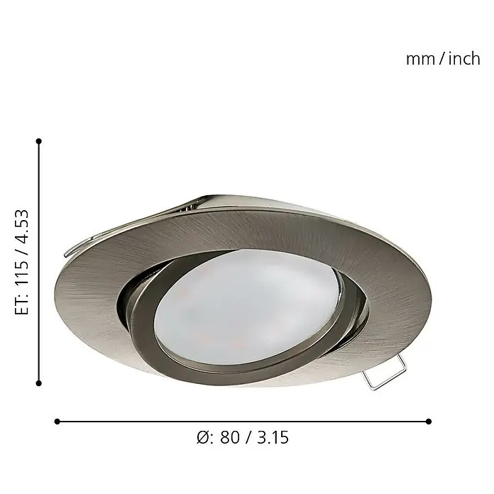 Eglo LED-Einbauleuchte Tedo - 5 W, Nickel matt, Warmweiß, Durchmesser: 7,8 cm, 3 Stk. - Abbildung eines Einbaustrahlers mit Maßen. Der Strahler ist silberfarben und hat eine runde Form. Abmessungen sind 80/3,15 und 115/4,53 mm.