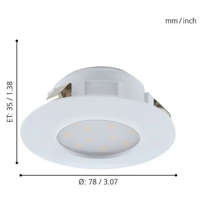 Eglo LED-Einbauleuchten-Set Pineda - 18 W, Weiß, 3 Stk., Warmweiß, 7,8 x 3,5 cm - Nahaufnahme einer weißen LED-Einbauleuchte mit Maßangaben in Millimeter und Zoll.