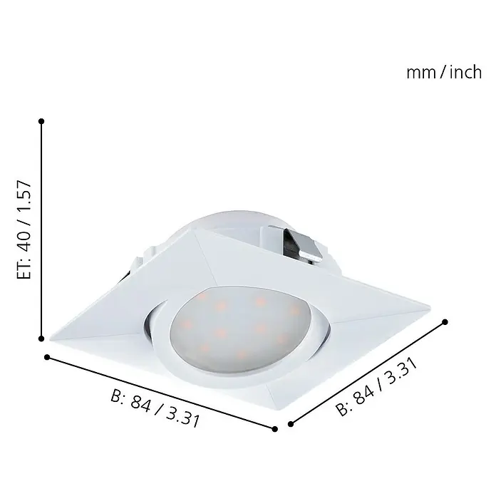 Eglo LED-Einbauleuchten-Set Pineda - 18 W, Weiß, 3 Stk., Warmweiß - Abbildung einer weißen LED-Einbauleuchte mit quadratischer Blende und Maßangaben in Millimetern und Zoll.