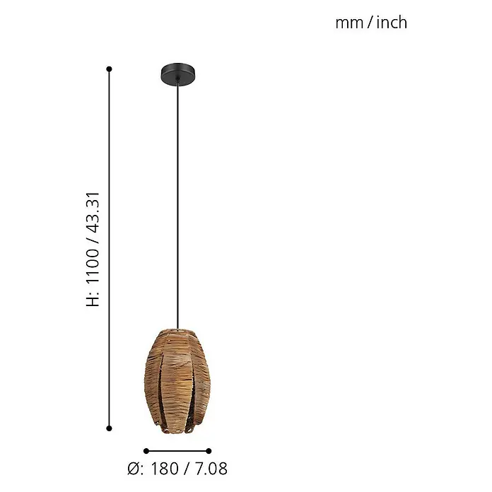 Eglo Pendelleuchte Mongu 1 - Höhe: 110 cm - Das Bild zeigt eine Pendelleuchte mit einem Lampenschirm aus geflochtenem Material und Maßangaben in mm/Zoll.