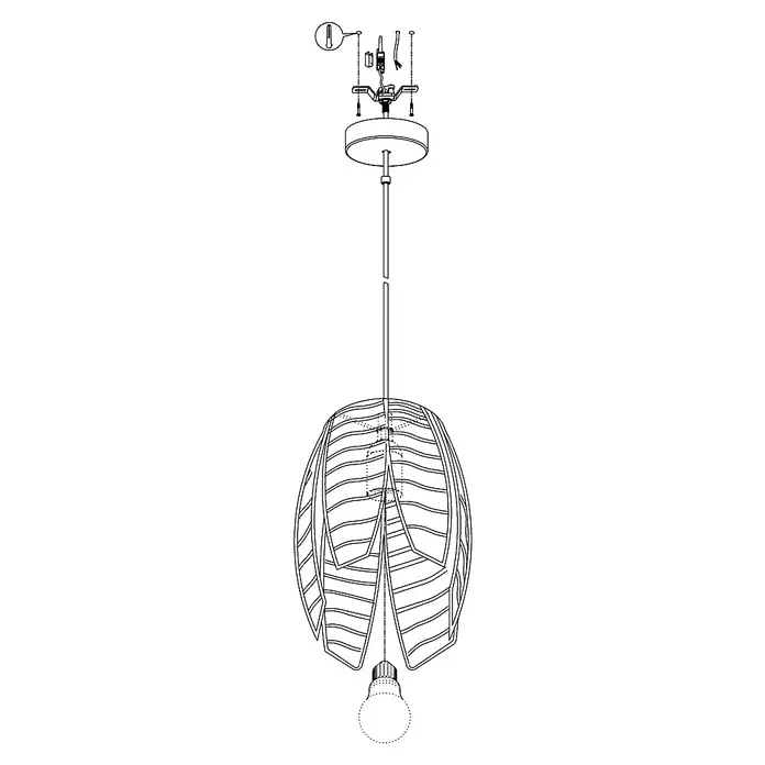 Eglo Pendelleuchte Mongu 1 - Höhe: 110 cm - Eine stilisierte Zeichnung einer dekorativen Pendelleuchte mit einem Blattdesign, die eine Lichtquelle umgibt.