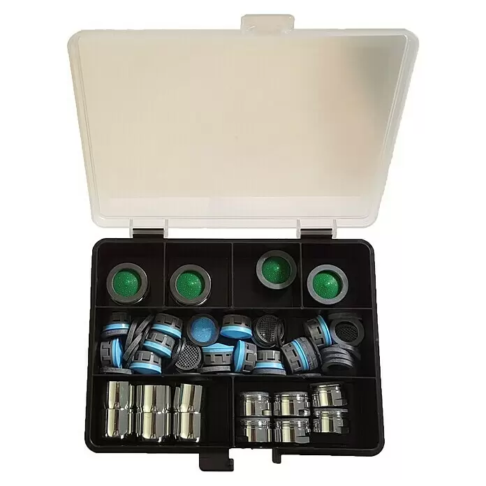 Strahlregler - 1 Stk., M22X1 / M24X1 / M28X1 - Set mit Wasserhahn-Strahlreglern und Adaptern in schwarzer Box mit transparentem Deckel, mit grünen, blauen Mascheneinsätzen, Dichtungen und verchromten Teilen.