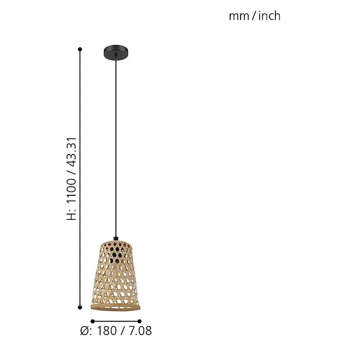 Eglo Claverdon Pendelleuchte - Höhe: 110 cm - Abbildung einer Hängeleuchte mit Maßen in mm und Zoll, ideal zur Visualisierung des Produkts.