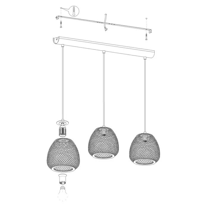 Eglo Dembleby Pendelleuchte - Höhe: 110 cm, 120 W - Ein detailliertes Diagramm einer Pendelleuchte mit drei Leuchten, die eine schrittweise Montageanleitung zeigt.