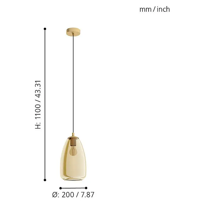 Eglo Pendelleuchte Alobrase - Höhe: 110 cm, Anzahl Leuchtmittel: 1 Stk., Amber - Abbildung einer Pendelleuchte mit den Maßen Höhe 1100 mm/43.31 Zoll und Durchmesser 200 mm/7.87 Zoll.