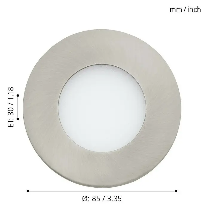 Eglo LED-Einbauleuchten-Set Fueva 1 - 8,1 W, Grau, Nickel, 3 Stk. - Produktbild einer runden LED-Einbauleuchte in Silber mit Maßangaben in Millimeter und Zoll, das die Bauform und Größe hervorhebt.