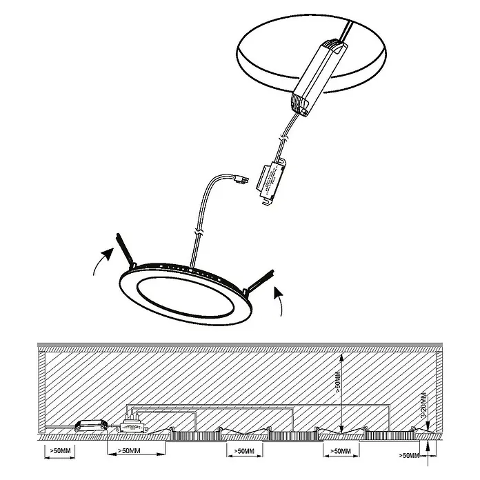 Eglo LED-Einbauleuchten-Set Fueva 1 - 8,1 W, Grau, Nickel, 3 Stk. - Abbildung einer LED-Deckenleuchte mit Montageanleitung, die die empfohlene Installation und Abmessungen zeigt.