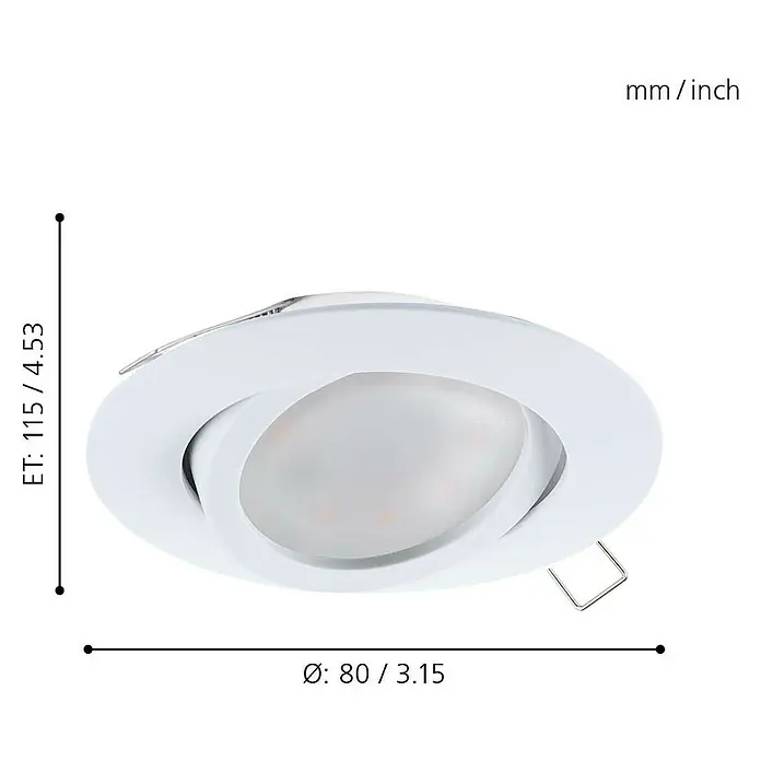 Eglo LED-Einbauleuchte Tedo - 5 W, Weiß, Warmweiß, Durchmesser: 7,8 cm, 3 Stk. - Abbildung einer weißen LED-Einbauleuchte mit Maßangaben in Millimetern und Zoll, die die Abmessungen des Produkts verdeutlichen.