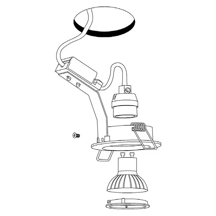 Eglo LED-Einbauleuchte Tedo - 5 W, Nickel matt, Warmweiß, Durchmesser: 7,8 cm, 3 Stk. - Explosionszeichnung einer LED-Einbauleuchte mit Installationsdetails, die die einzelnen Komponenten und die Montage zeigt.