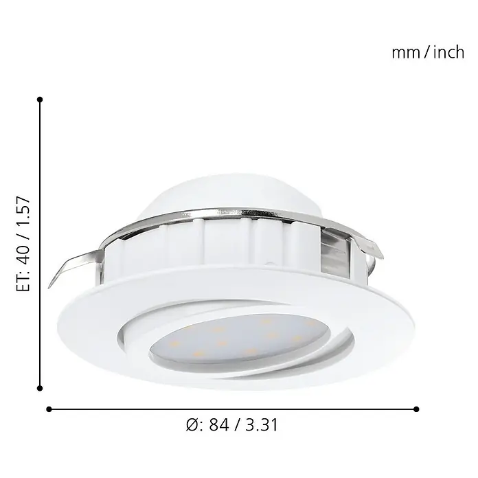 Eglo LED-Einbauleuchten-Set Pineda - 5,5 W, L x B x H: 8,4 x 8,4 x 4 cm, Weiß, 3 Stk., Warmweiß, Leuchtenkopf beweglich - Abbildung einer Einbauleuchte mit den Maßen Höhe 40 mm und Durchmesser 84 mm zur Veranschaulichung der Produktabmessungen.