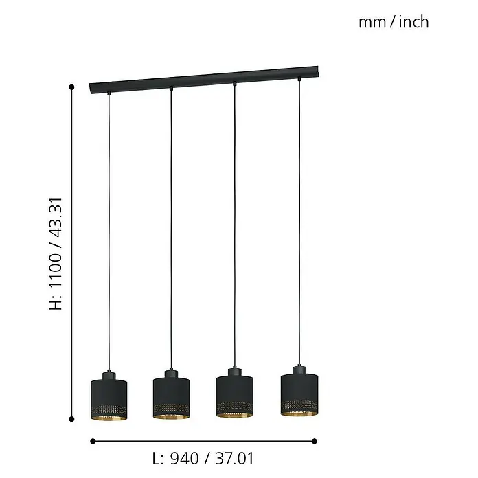 Eglo Esteperra Pendelleuchte rund - 240 W, Schwarz/Gold, E27, 4 Stk. - Abbildung einer Pendelleuchte mit vier schwarzen Lampenschirmen, die von einer schwarzen Stange hängen, mit Maßangaben.