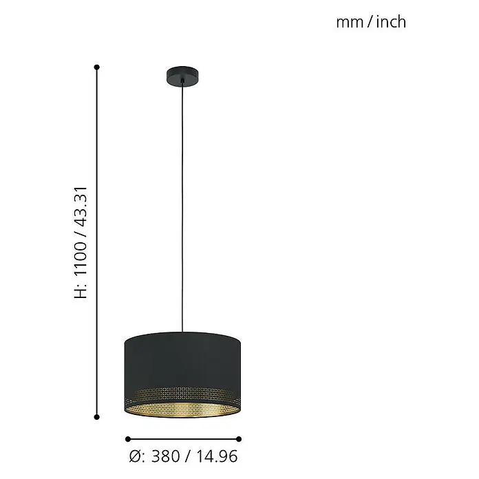 Eglo Esteperra Pendelleuchte rund - 60 W, Ø x H: 38 x 110 cm, Schwarz/Gold, E27, 1 Stk. - Produktabbildung einer schwarzen Pendelleuchte mit goldenem Innendekor, Maße sind 1100 mm hoch und 380 mm im Durchmesser.
