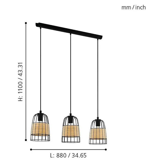 Eglo Anwick Pendelleuchte - 180 W, L x B x H: 88 x 18 x 110 cm, Schwarz/Braun, E27 - Abbildung einer dekorativen Hängelampe mit drei Leuchten, perfekt für stilvolle Innenräume.