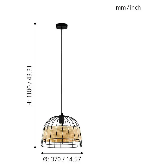 Eglo Anwick Pendelleuchte rund - 40 W, Ø x H: 370 x 1.100 mm, Schwarz, E27 - Illustration der Hängeleuchte mit den Maßen Höhe 1100 mm/43,31 Zoll und Durchmesser 370 mm/14,57 Zoll.
