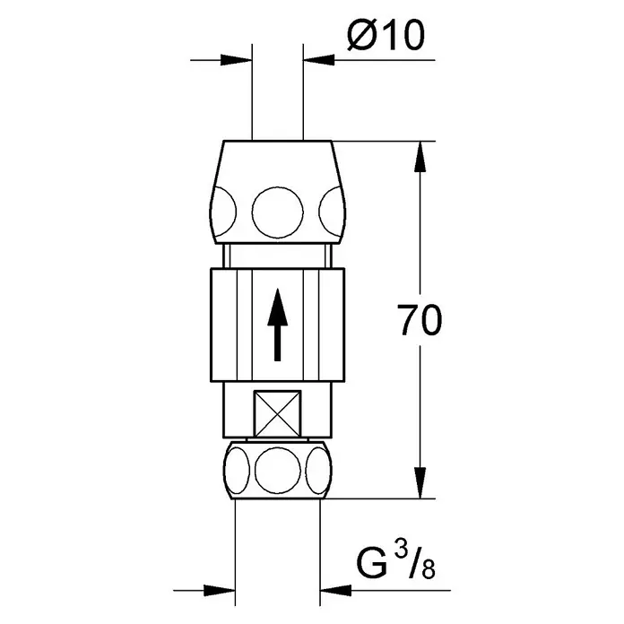 Grohe Rückflussverhinderer - Passend für: Eckventile - Schema einer Rückschlagarmatur mit den Maßen Durchmesser 10 und Länge 70 und einem G 3/8-Zoll-Gewindeanschluss.