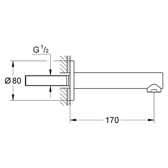 Grohe Concetto UP-Wanneneinlauf - Chrom, Glänzend - Abbildung einer Armatur mit den Maßen Ø80 und 170, inklusive der Angabe G 1/2 für den Anschluss. Technische Zeichnung des Wasserhahns.