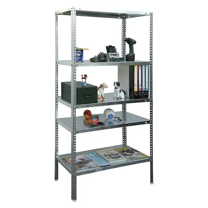 Simonrack Simonclassic Estantería metálica Advantage Mini - Al x An x Pr: 180 x 80 x 30 cm, Capacidad de carga por balda: 75 kg, Número de baldas: 5 ud., Atornillado, Galvanizado - La imagen muestra una estantería metálica con cinco niveles, en la que se colocan diversos objetos como herramientas y libros.