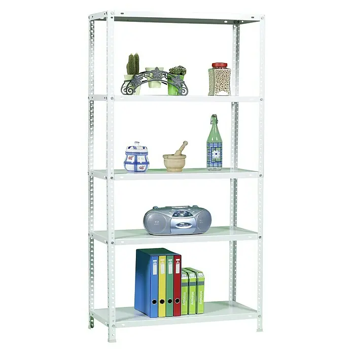 Simonrack Simonclassic Estantería metálica Advantage Mini - Al x An x Pr: 180 x 80 x 30 cm, Capacidad de carga por balda: 75 kg, Número de baldas: 5 ud., Atornillado, Blanco - Estantería blanca con cinco estantes, que muestra objetos como plantas, recipientes, una radio y archivadores.