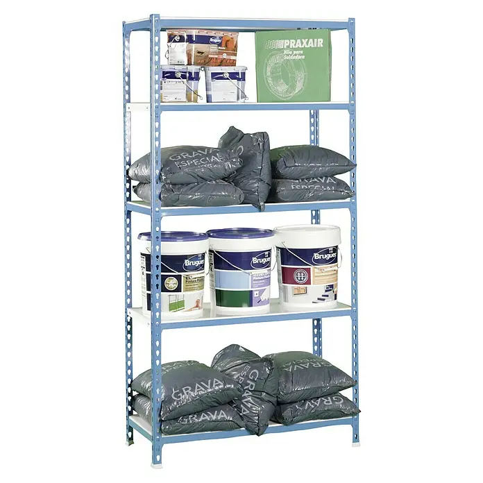 Simonrack Simonclick Metallregal Simonclick Mini - H x B x T: 180 x 80 x 40 cm, Traglast pro Boden: 180 kg, Anzahl Böden: 5 Stk., Stecken, Blau/Weiß - Ein blaues Regal mit Farbbehältern, Säcken mit Inschrift "GRAVA ESPECIAL" und einer grünen Schachtel von PRAXAIR.
