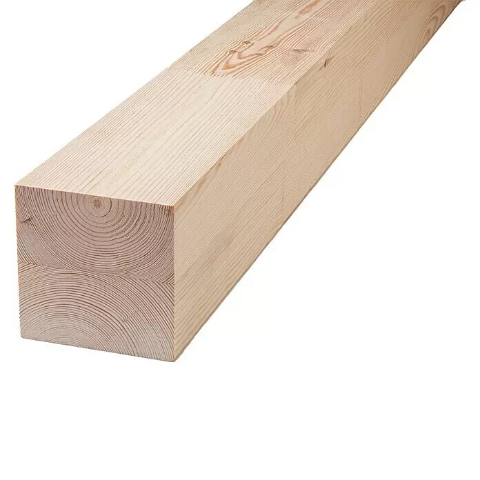 Konstruktionsvollholz Duo Lam - 250 x 8 x 6 cm, Kiefer - Heller Brettschichtholzbalken (BSH) mit sichtbarer Holzmaserung und Jahresringen an der Stirnseite.
