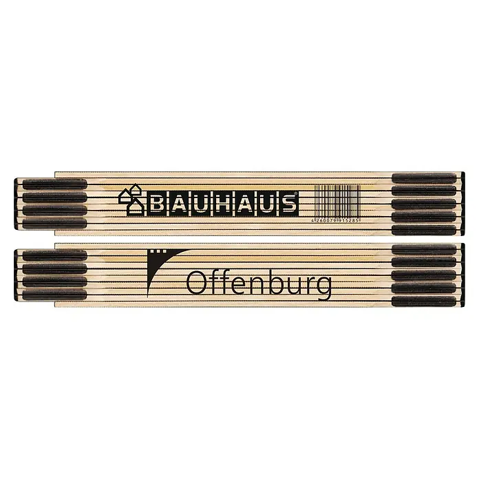 BAUHAUS Zollstock - OFFENBURG, 2 m - Zollstock mit Logos von Bauhaus und Offenburg, ideal für präzise Messungen und Bauprojekte. Praktisch und robust für jeden Handwerker.