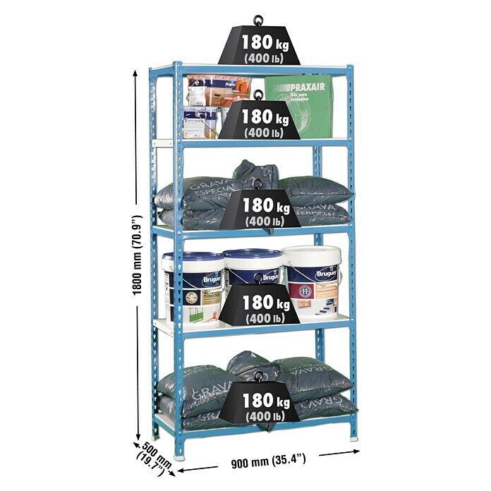 Simonrack Estantería para cargas pesadas 5/500 (L x An x Al: 90 x 50 x 180 cm, Capacidad de carga: 180 kg/balda, Número de baldas: 5 ud., Inserción, Azul/Blanco)