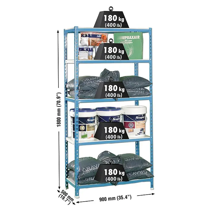 Simonrack Simonclick Metallregal Simonclick Plus - H x B x T: 180 x 90 x 50 cm, Traglast pro Boden: 180 kg, Anzahl Böden: 5 Stk., Stecken, Blau/Weiß - Abbildung eines blauen Metallregals mit fünf Ebenen, das mit Farbdosen, Säcken und einer grünen Kiste beladen ist.