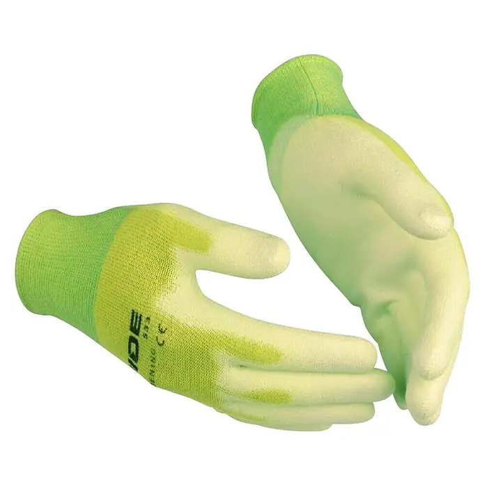 Guide Kinder-Gartenhandschuhe 533 - 5, Grün - Zwei grüne und gelbe Gartenhandschuhe der Marke WIDE. Ideal für Arbeiten im Garten oder auf der Baustelle.