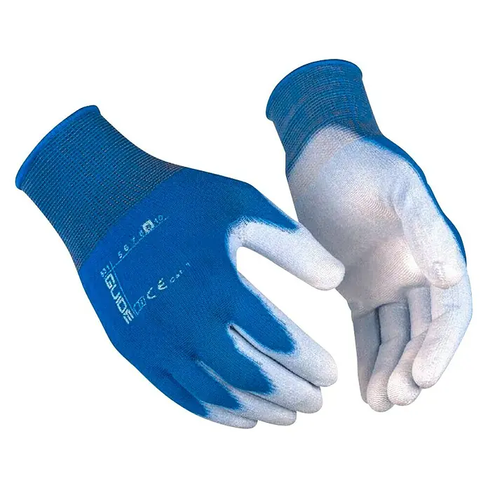 Guide Kinder-Gartenhandschuhe 531 - 5, Blau - Ein Paar blaue und weiße Guide-Arbeitshandschuhe, die Schutz und Griffigkeit bei verschiedenen Aufgaben bieten. Ideal für Bau, Gartenarbeit und mehr.