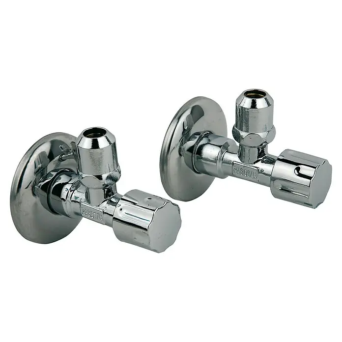 Eckventil - ½″, 2 Stk., Verchromt - Zwei Eckventile aus verchromtem Metall für den Sanitärbereich, ideal für Waschbecken oder Toiletten.