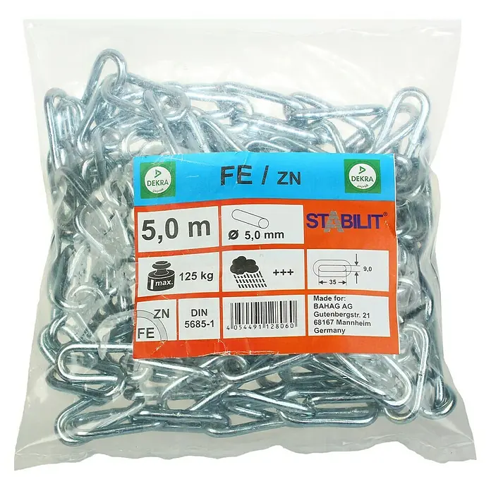Stabilit Rundstahlkette - Ø x L: 5 x 5.000 mm - Eine verpackte, verzinkte Stahlkette mit einer Länge von 5,0 Metern und einer maximalen Traglast von 125 kg.