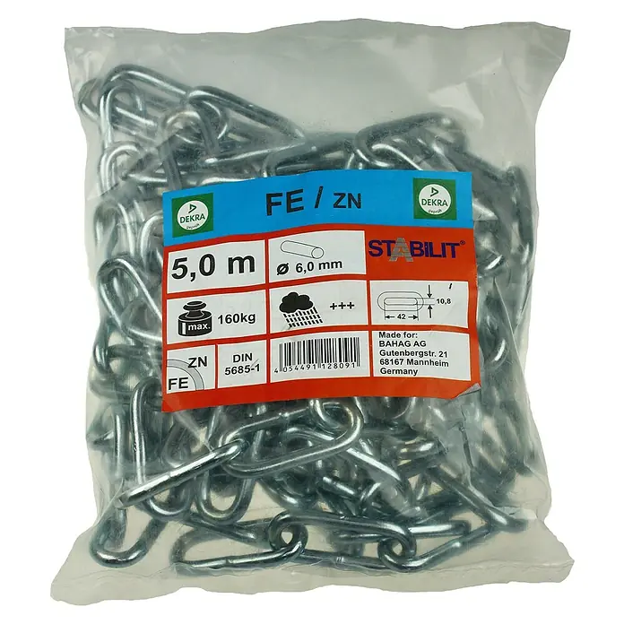 Stabilit Rundstahlkette - Ø x L: 6 x 5.000 mm - Eine 5 Meter lange, verzinkte Kette in einer transparenten Plastikverpackung mit Produktinformationen wie Länge, Durchmesser und Gewicht.