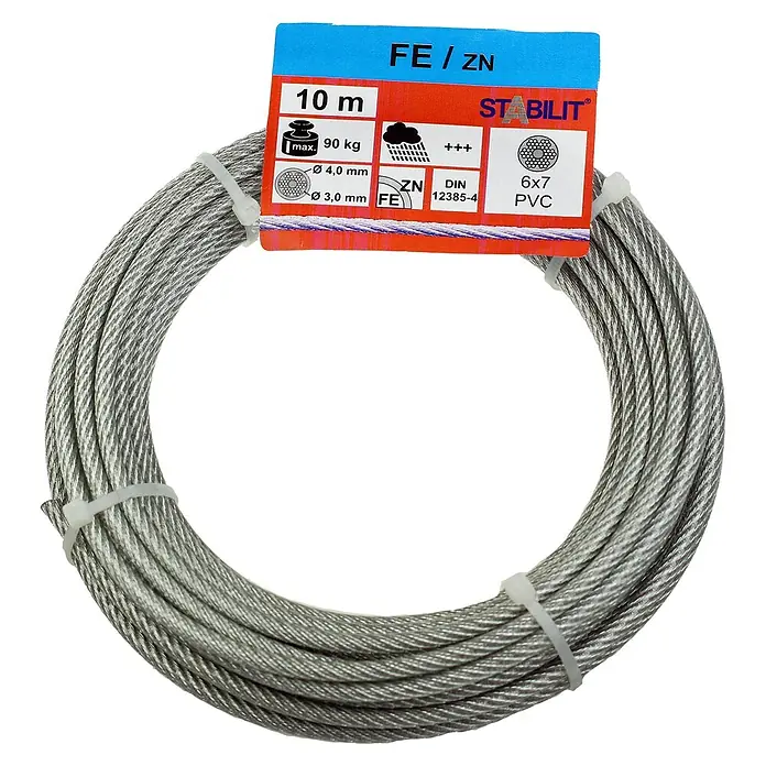 Stabilit Drahtseil - Ø x L: 4 mm x 10 m, Belastbarkeit: 90 kg, Stahl - Eine Rolle silbernes Stahlseil mit den Spezifikationen FE/ZN, 10 m Länge, maximal 90 kg, 6x7 PVC, DIN 12385-4, Ø 4,0 mm und Ø 3,0 mm.