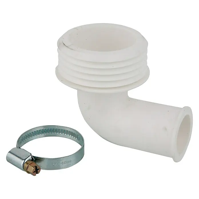 Spülkasten-Anschlussbogen - Passend für: Druckspülrohr 25 mm, Material: EPDM - Ein weißer PVC-Siphonbogen mit einer Schlauchschelle liegt vor einem schwarzen Hintergrund. Der Siphonbogen ist neu und unbenutzt.