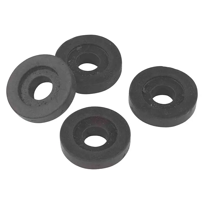 Hahnscheibe Longlife - ½″, Geeignet für: Oberteile, 4 Stk. - Vier schwarze Gummidichtungen auf einem schwarzen Hintergrund. Ideal für Sanitäranwendungen, robust und langlebig.