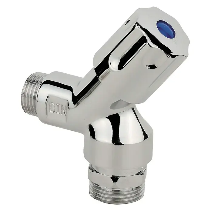 Geräteanschlussventil - ½″/¾″, Rückflussverhinderer - Nahaufnahme eines glänzenden Eckventils mit blauem Punkt und Gewindeanschlüssen, ideal für Sanitärinstallationen.