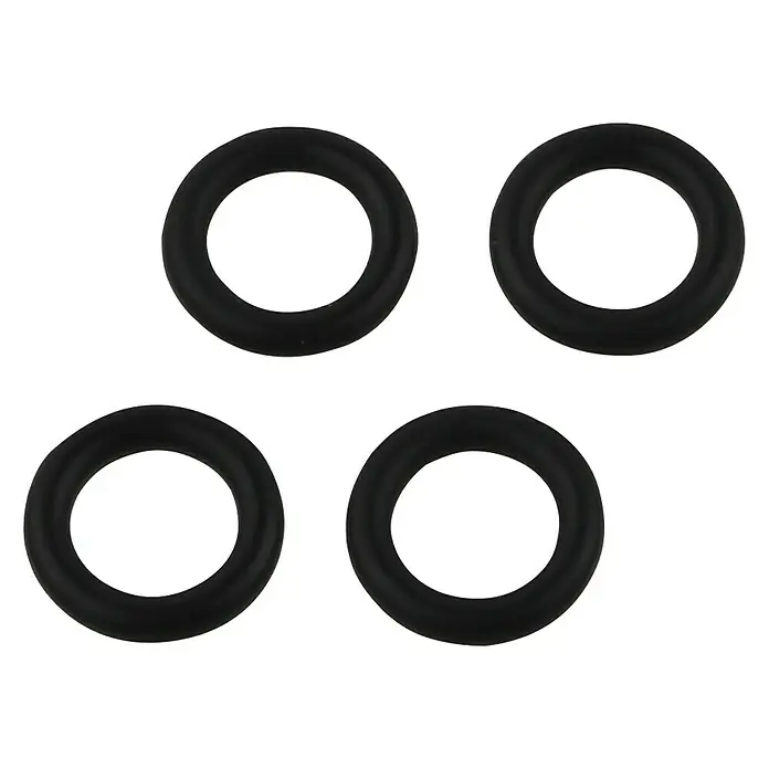 O-Ring - Geeignet für: Oberteile, 4 Stk. - Dieses Bild zeigt eine Nahaufnahme von vier schwarzen O-Ringen, die ordentlich aufgereiht sind und ihre kreisförmige Form betonen.