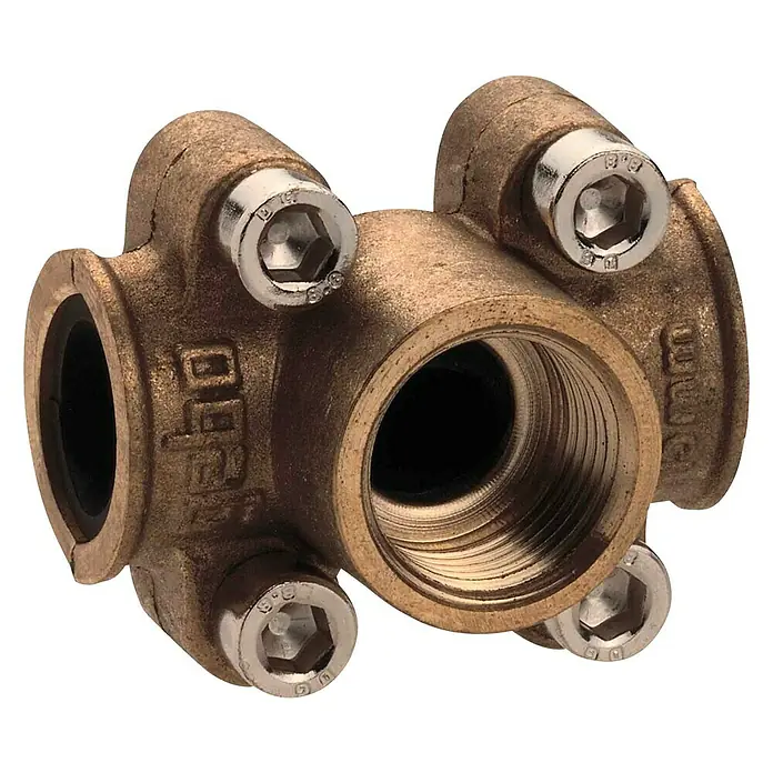 Rohrschelle Gebo - Durchmesser: 28 mm, Messing - Abgebildet ist ein Bronzefitting mit vier Sechskantschrauben, das in Sanitär- und Heizungsanlagen verwendet wird.