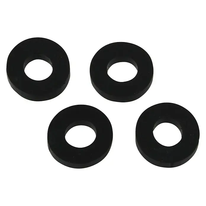 Quetschdichtung - ½″ x 8 mm, Geeignet für: Schlauchverschraubungen, 4 Stk. - Vier schwarze Unterlegscheiben aus Gummi, die sich ideal für verschiedene Anwendungen eignen, liegen auf einer schwarzen Oberfläche.