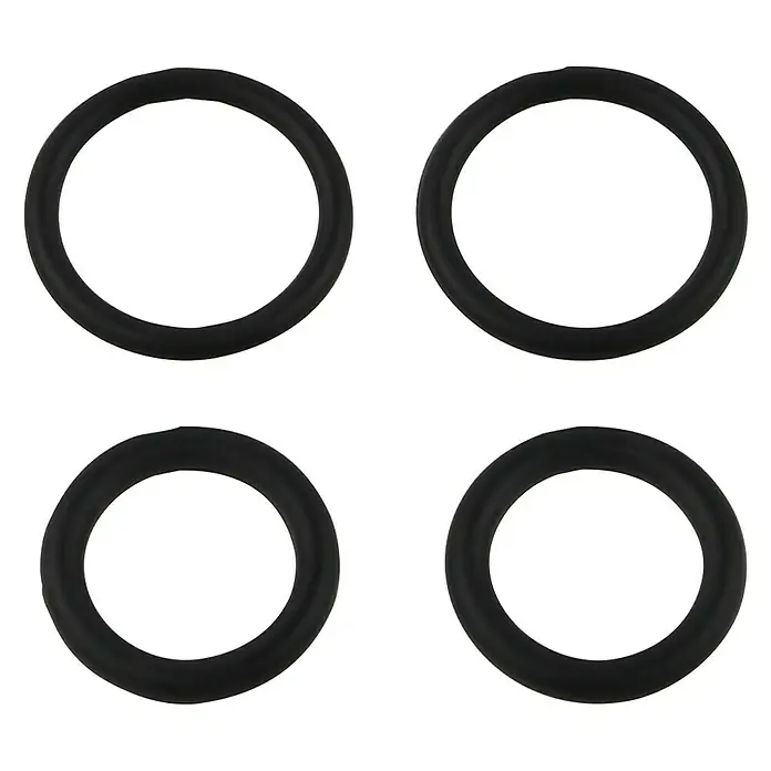 O-Ring Sortiment - Passend für: Für Gardena Stecksystem & Schlauchverschraubung, 4 Stk. - Hier sind vier schwarze O-Ringe auf einem schwarzen Hintergrund dargestellt. Ideal für Dichtungen, präsentieren diese präzise Form und Qualität.
