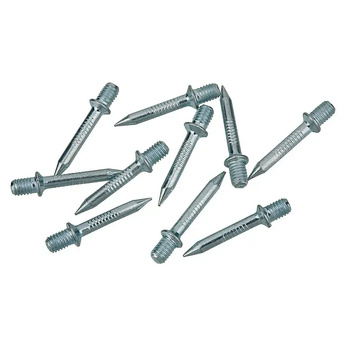 Einschlag-Schraubdübel - M 6, 10 Stk. - Nahaufnahme einer Ansammlung von verzinkten Stahlnägeln. Ideal für Bau- und Reparaturarbeiten, langlebig und vielseitig einsetzbar.