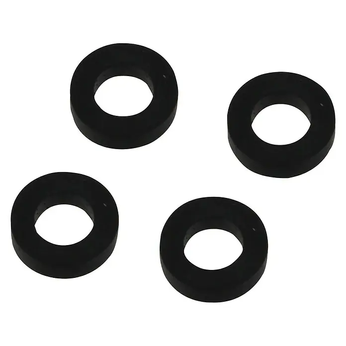 Ersatzdichtung - ¾″, Geeignet für: Flexschläuche, 4 Stk. - Vier schwarze Gummidichtungen, ideal für Sanitäranwendungen und Abdichtungen, auf schwarzem Hintergrund präsentiert.
