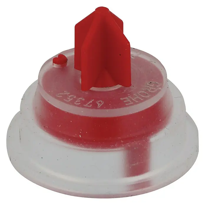 Membrandichtung Nr. 6 Dally - Außendurchmesser: 29 mm, Innendurchmesser: 24 mm - Grohe Ersatzteil: Ein roter Ventilstössel auf einem durchsichtigen Sockel, ideal für Reparaturen im Sanitärbereich.