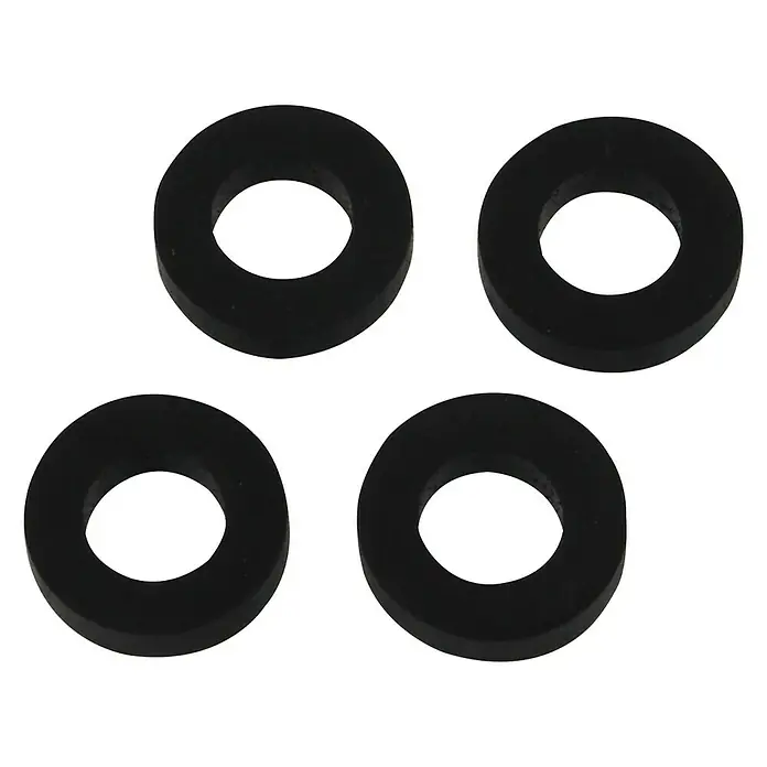Quetschdichtung - ½" x 10 mm, Geeignet für: Schlauchverschraubungen, 4 Stk. - Nahaufnahme von vier schwarzen Gummidichtungen auf schwarzem Hintergrund. Ideal für Sanitäranwendungen und Reparaturen.
