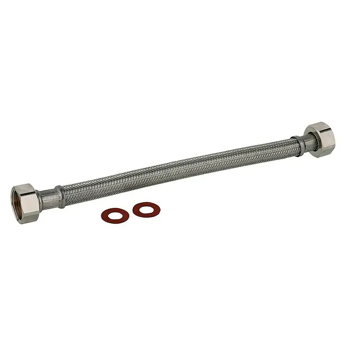 Anschlussschlauch - ½″/½″, Länge: 50 cm - Ein flexibles Wasseranschlussschlauch-Set mit zwei roten Dichtungen, ideal für die Installation von Wasserhähnen und Toiletten.