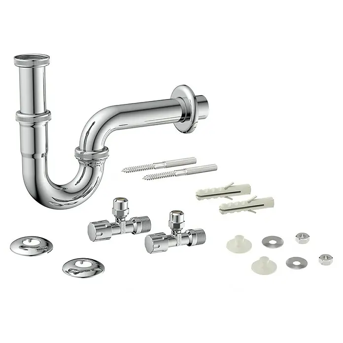 Waschtisch-Installations-Set - 3 -tlg., Chrom, Glänzend - Bild einer Chrom-Siphon Garnitur mit Zubehör. Ideal für Badezimmer und Küchen. Hochwertiges und langlebiges Material.