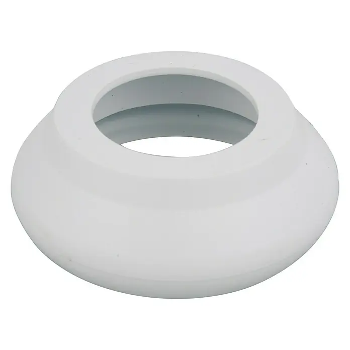 Spülkastenverbinder - Weiß - Nahaufnahme einer weißen, glänzenden Rosette mit einem runden Loch in der Mitte, ideal für Sanitärinstallationen.