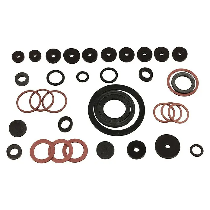Dichtungssortiment - 36 -tlg. - Sortiment verschiedener Dichtungsringe und -scheiben in Schwarz und Rot, ideal für Sanitäranwendungen und Reparaturen.