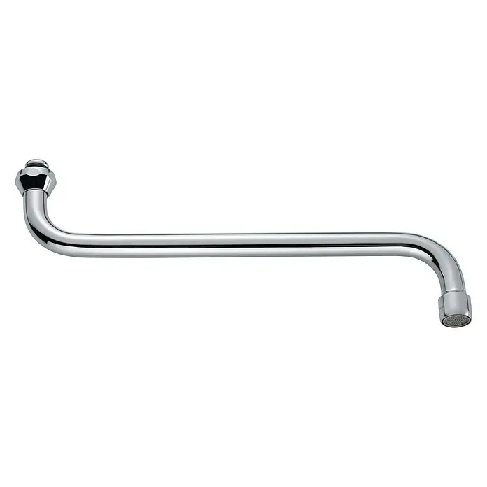 S-Auslauf - ¾″, Länge: 300 mm, Chrom - Ein chromfarbener, gebogener Wandauslaufhahn mit einem Sieb am Auslass. Der Wasserhahn ist minimalistisch gestaltet.